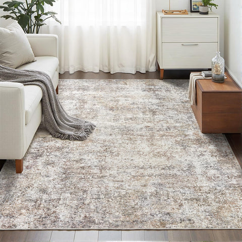 LOVORAL front view of neutral abstract rug showing calm tones and modern style benefit: elevates room decor