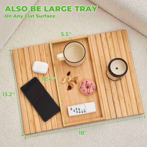 LOVYANXUE tray sitting on a rolled sofa arm demonstrating secure fit and convenience