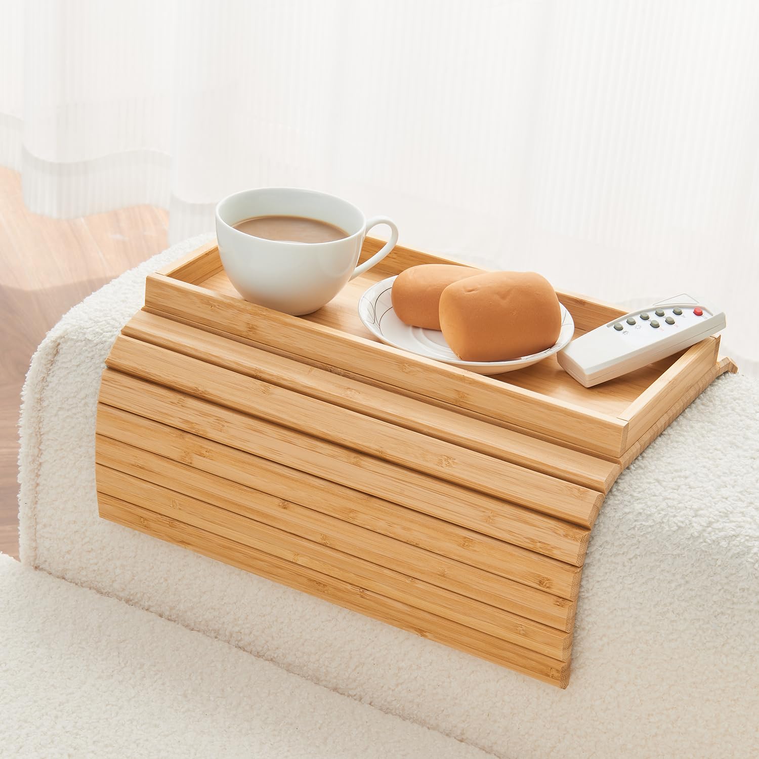 LOVYANXUE bamboo arm tray front view showing stable surface and cup holder benefit