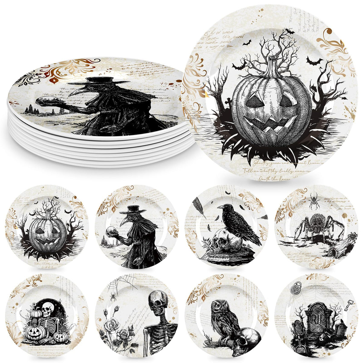 LOYIM front view of plate set showing eight Halloween designs for party display