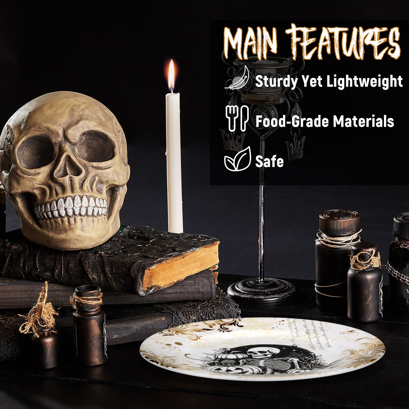 LOYIM tabletop scene with plates styled for Halloween gathering and ambiance