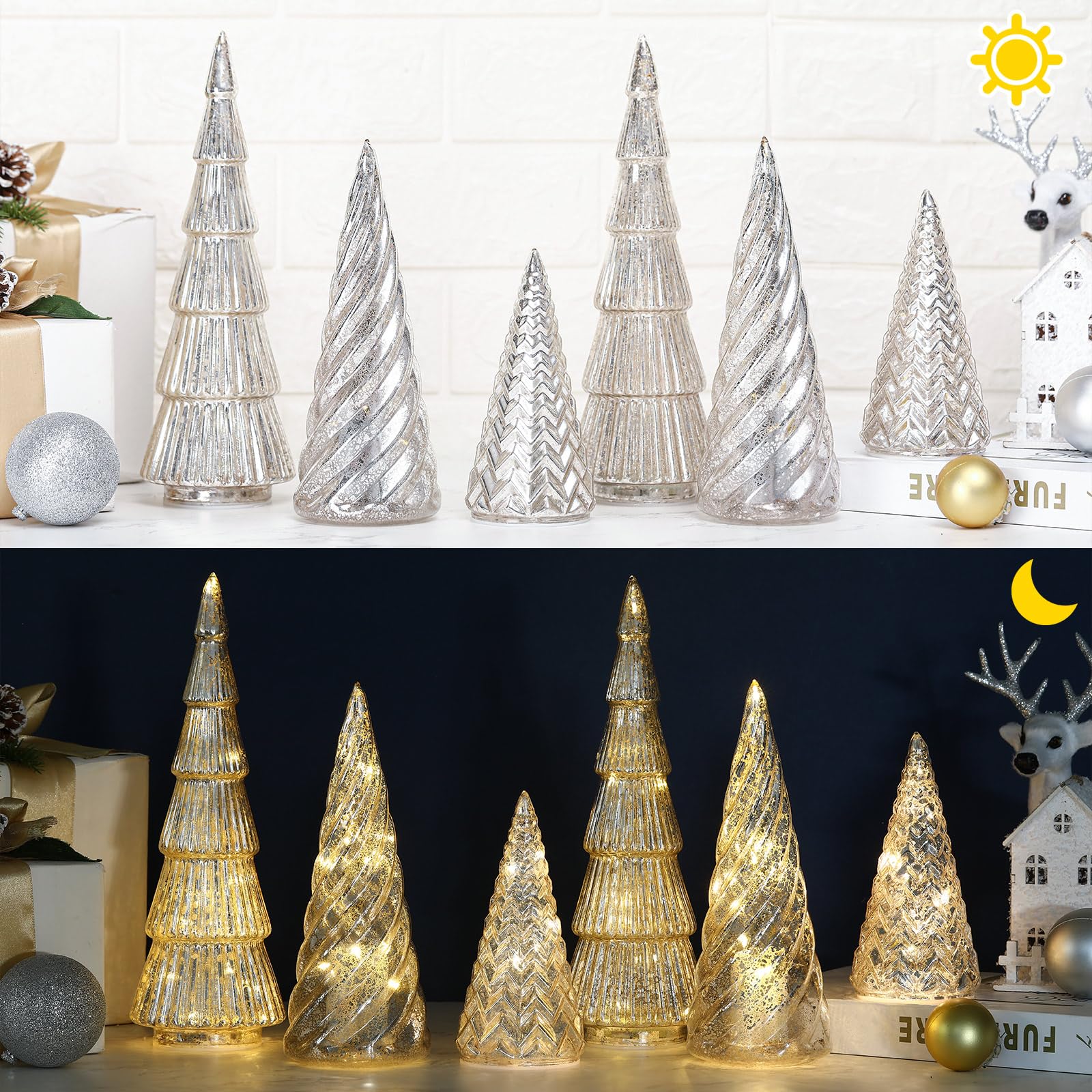 LOYIM trees on mantel for size comparison showing compact placement advantage
