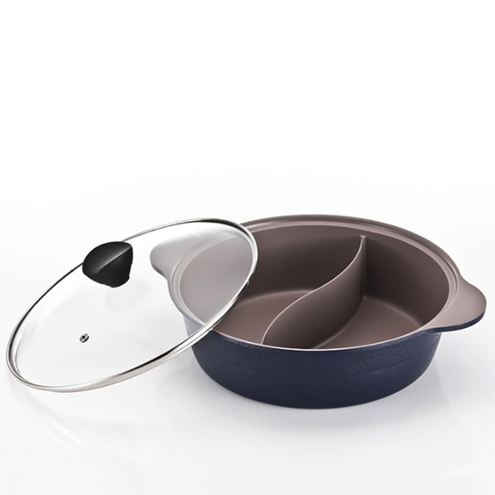 LP LIVING PLUS front view of 28 cm shabu shabu pot showing royal blue finish and divider benefit