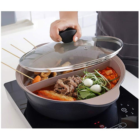 LP LIVING PLUS pot next to dinner plate showing 28 cm scale for family portions benefit