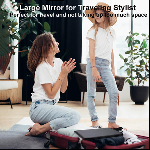 LPHUMEX tabletop folded as vanity mirror ideal for makeup and styling on trips