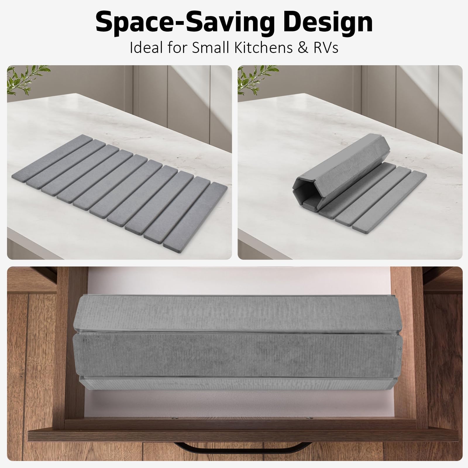 Lprmnnc mat in use with dishes and glasses, keeps countertop dry