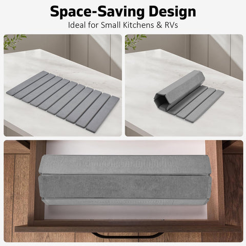 Lprmnnc mat in use with dishes and glasses, keeps countertop dry