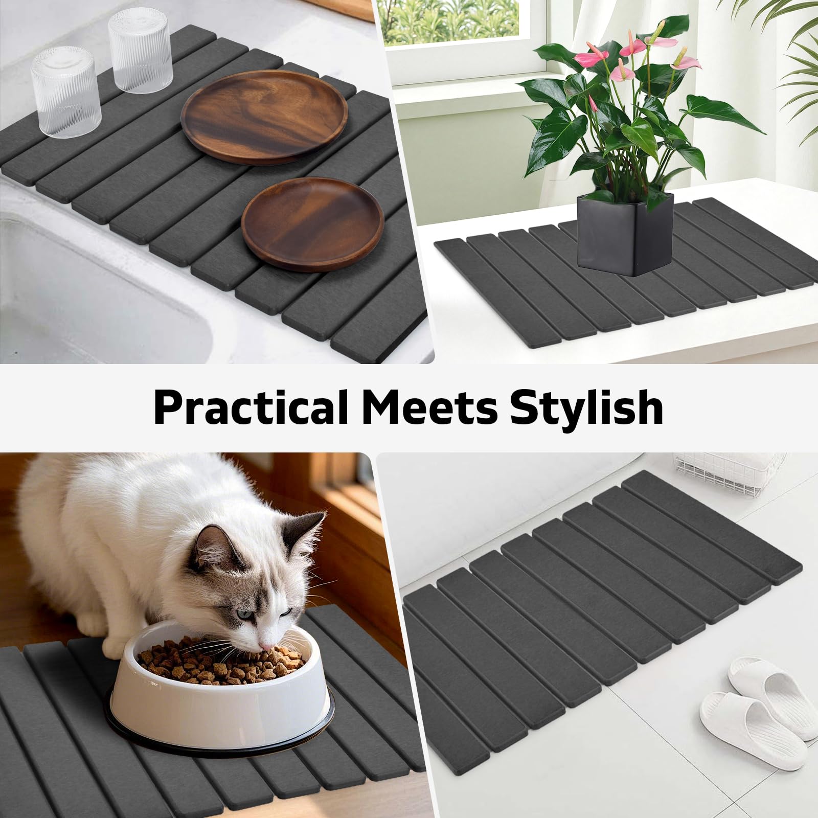 Lprmnnc dark gray mat on kitchen counter creates tidy surface
