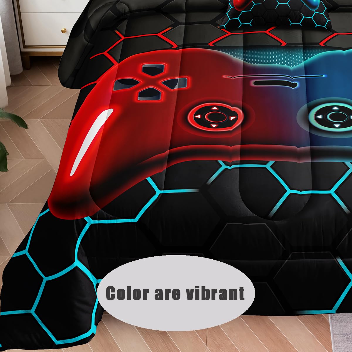 lris Bedding comforter close-up showing vivid gaming print and durable color benefit