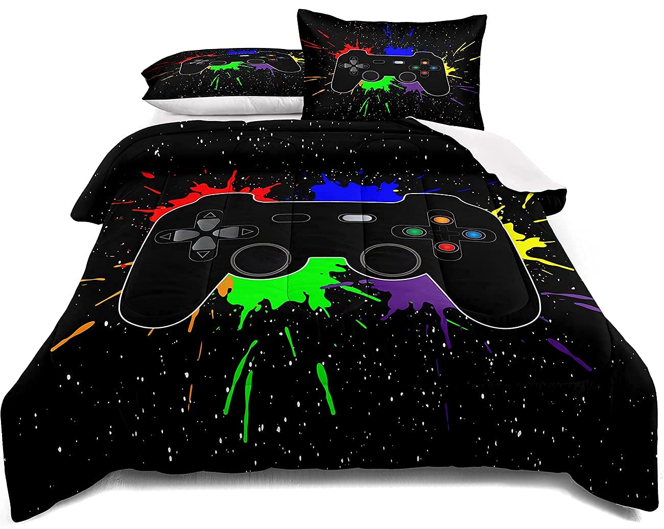 lris Bedding comforter front view showing vibrant controller print and colorful design