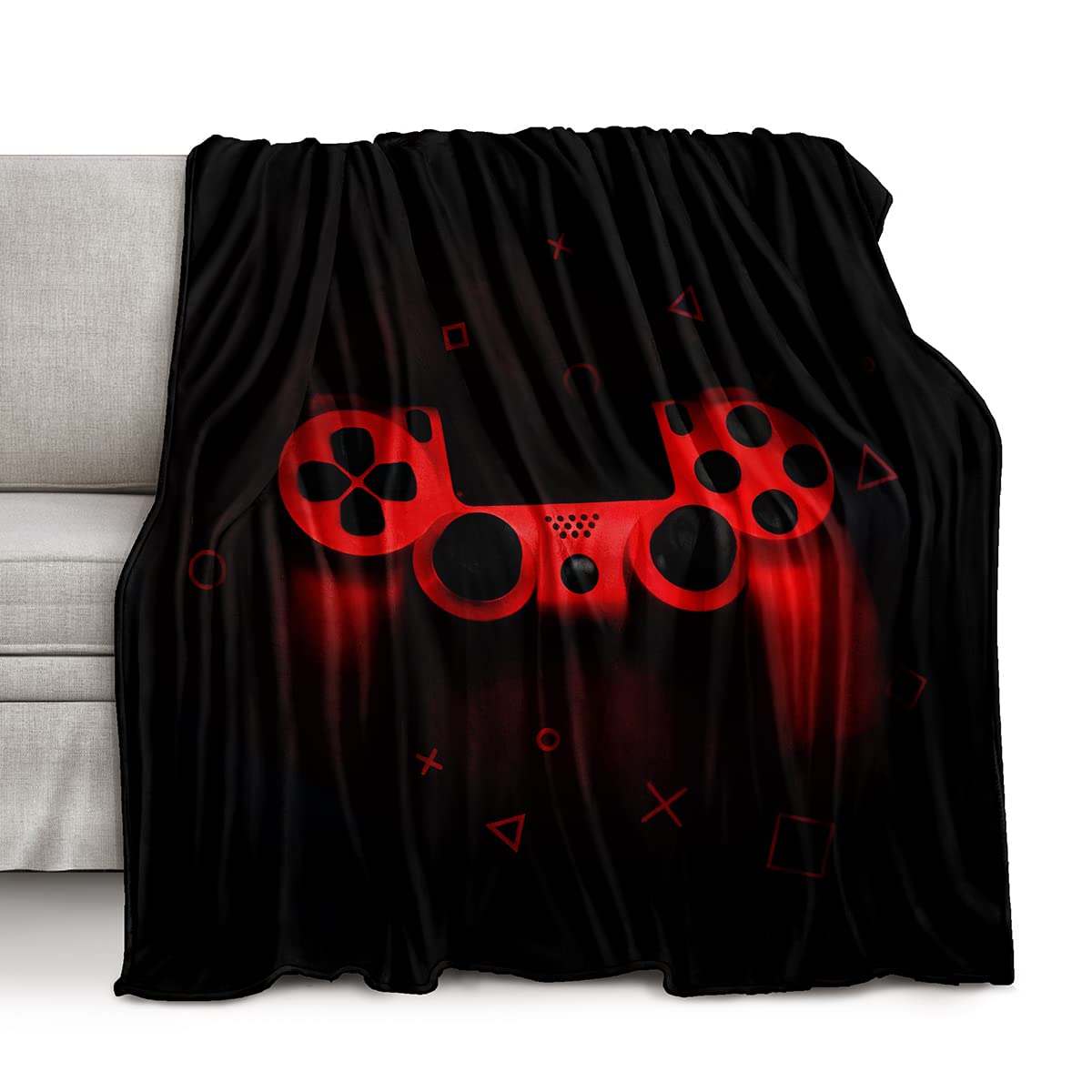 lris Bedding front view of gaming throw on sofa showing print and comfort