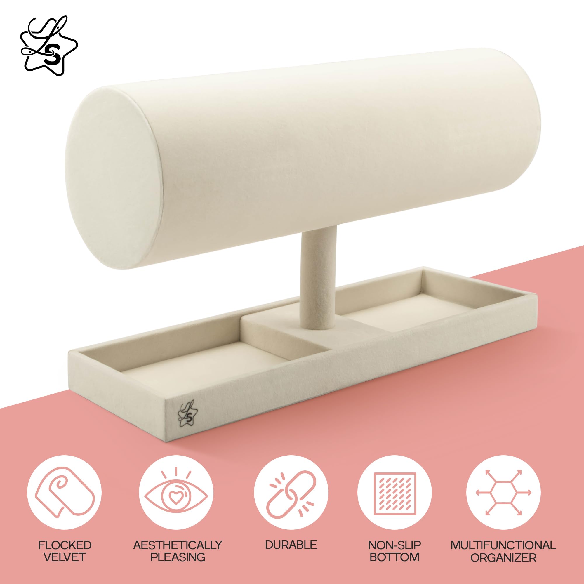 LS on vanity in bedroom, decorative organizer enhances dressing area