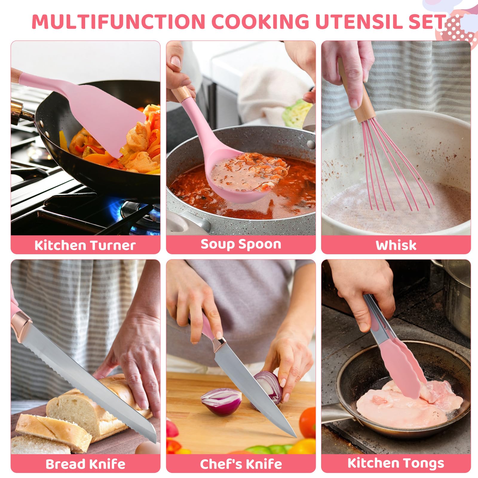 LSFCHUJU close-up of pink silicone spatula head showing flexible nonstick benefit