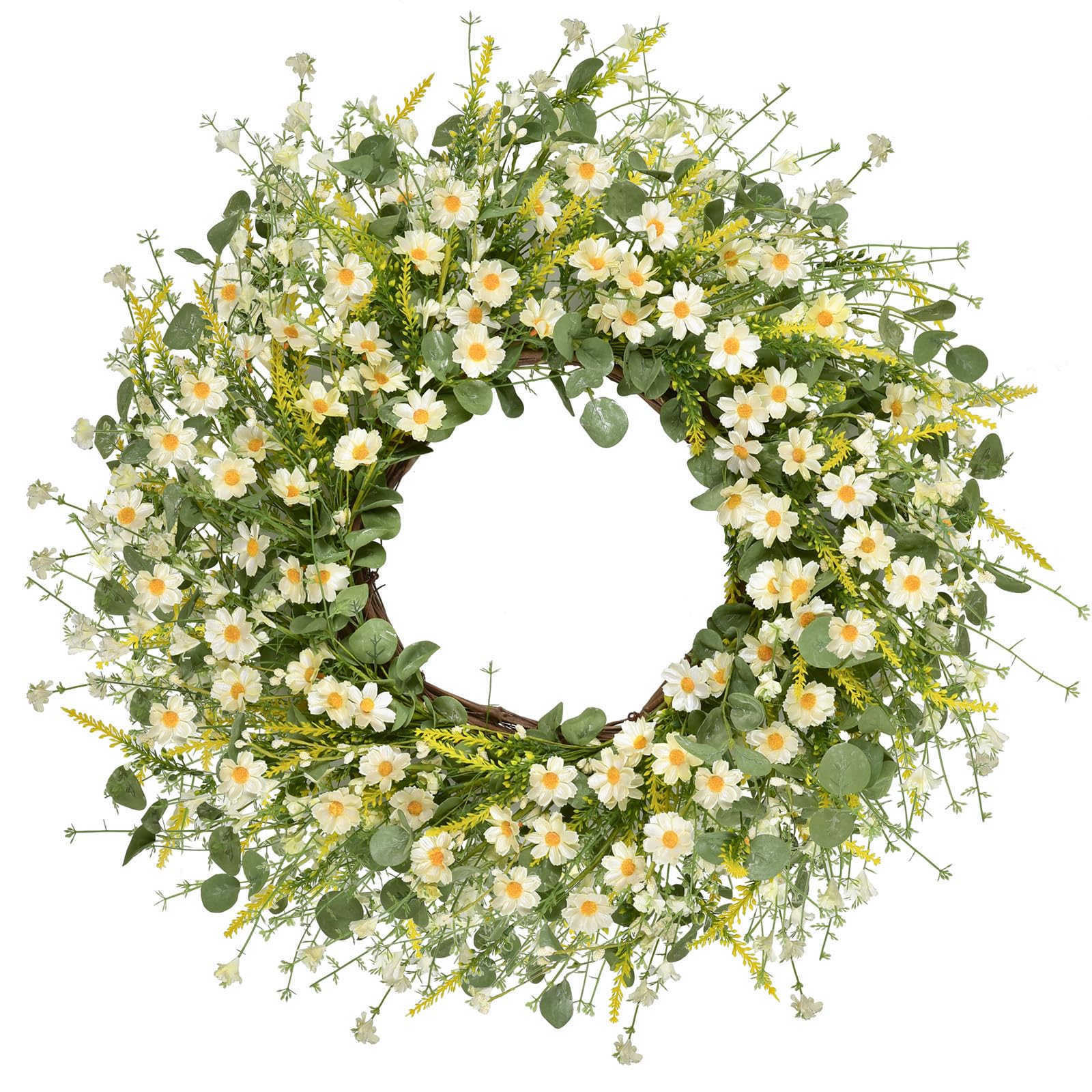 LSKYTOP front view showing full wreath and bright daisies for curb appeal