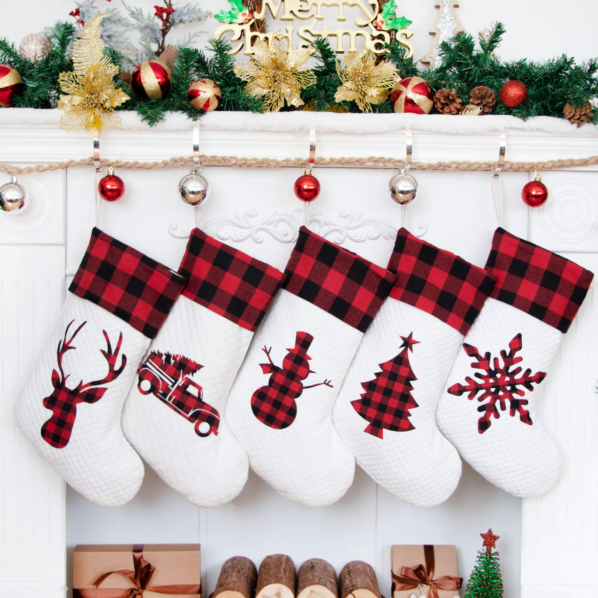 LUBOT front view of five buffalo plaid stockings showing coordinated family set benefit