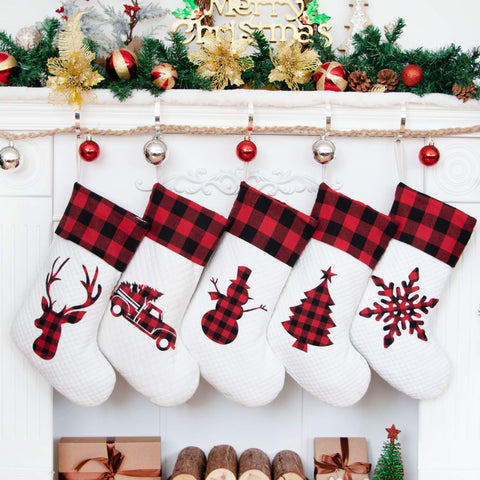 LUBOT front view of five buffalo plaid stockings showing coordinated family set benefit