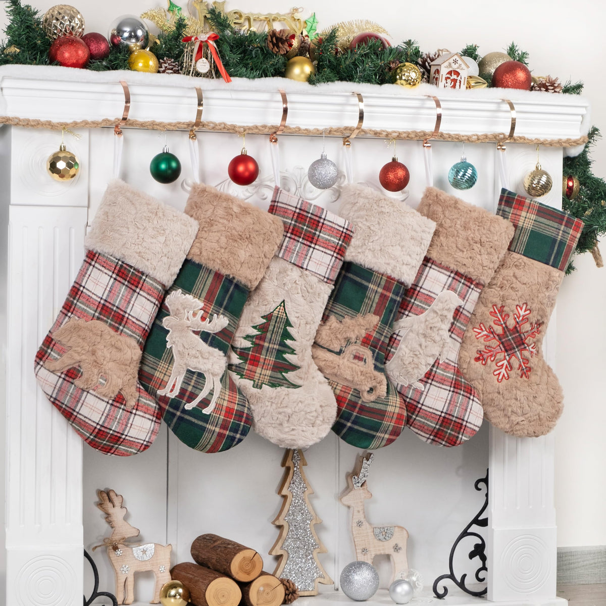 LUBOT front view of six stockings hung showing coordinated rustic charm