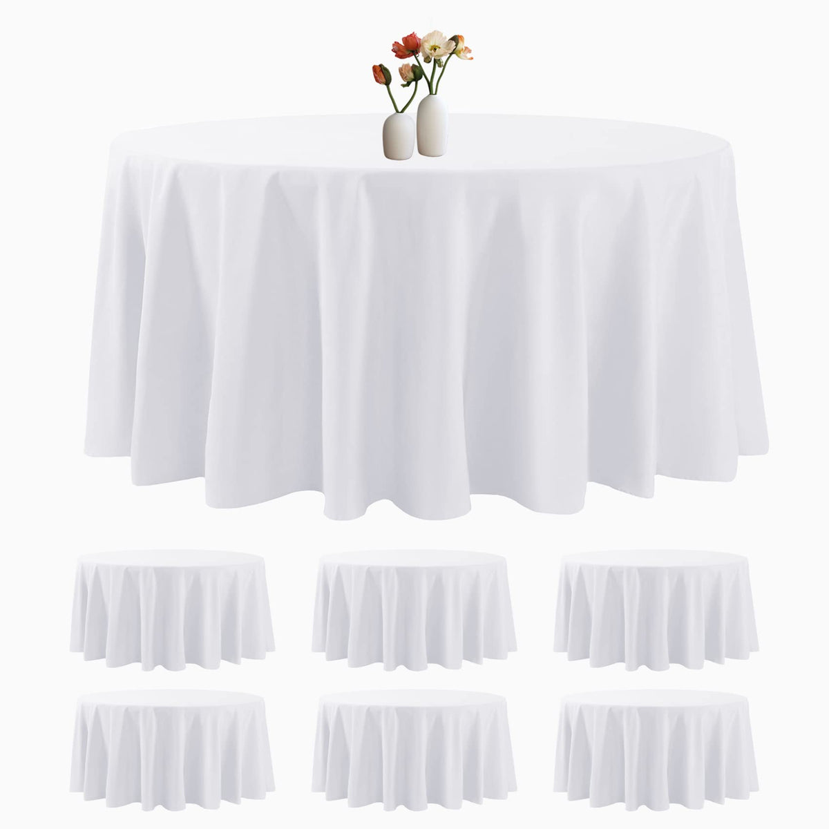 luccido front packaging showing six white round tablecloths, clear event-ready benefit