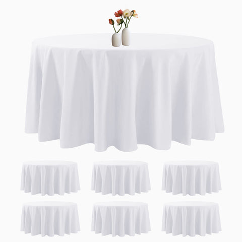 luccido front packaging showing six white round tablecloths, clear event-ready benefit