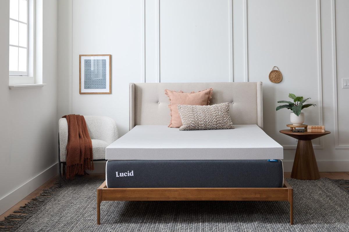 LUCID 4-inch topper front view showing full queen size and plush surface comfort