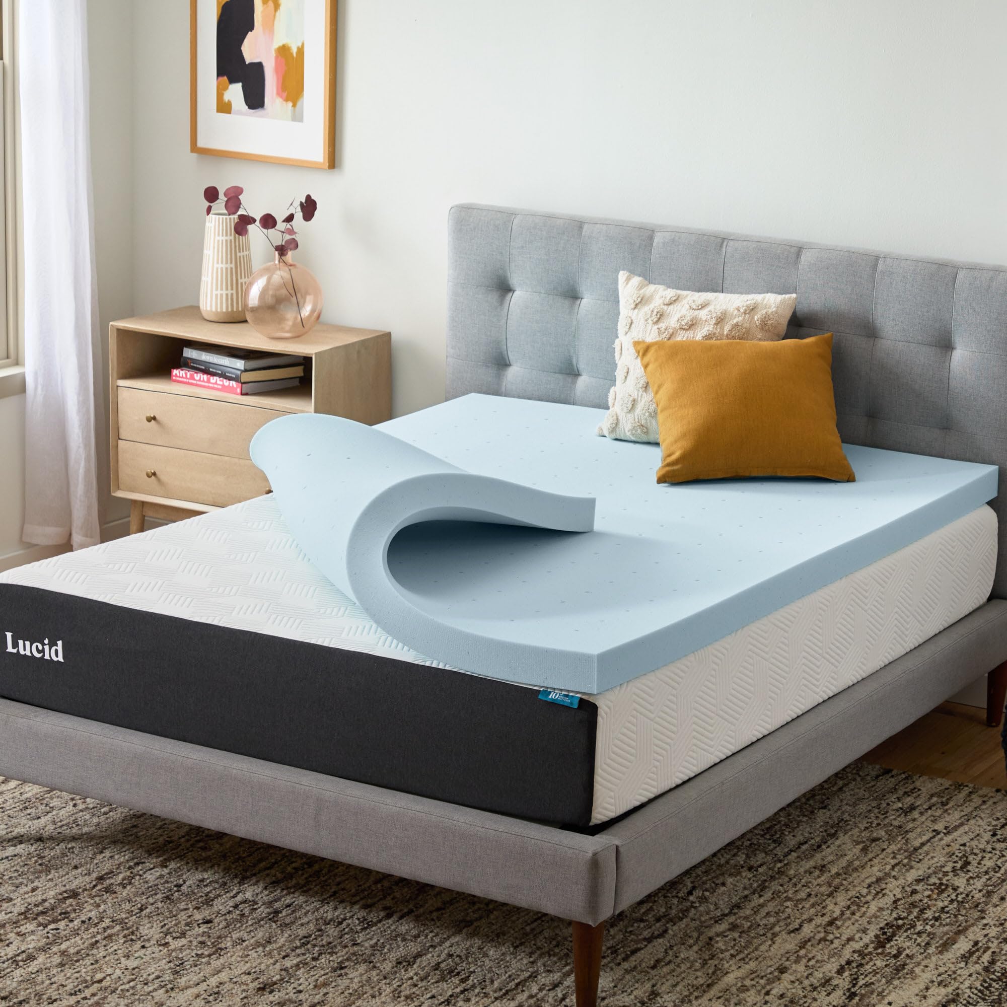 Lucid front packaging of full-size topper showing easy setup benefit