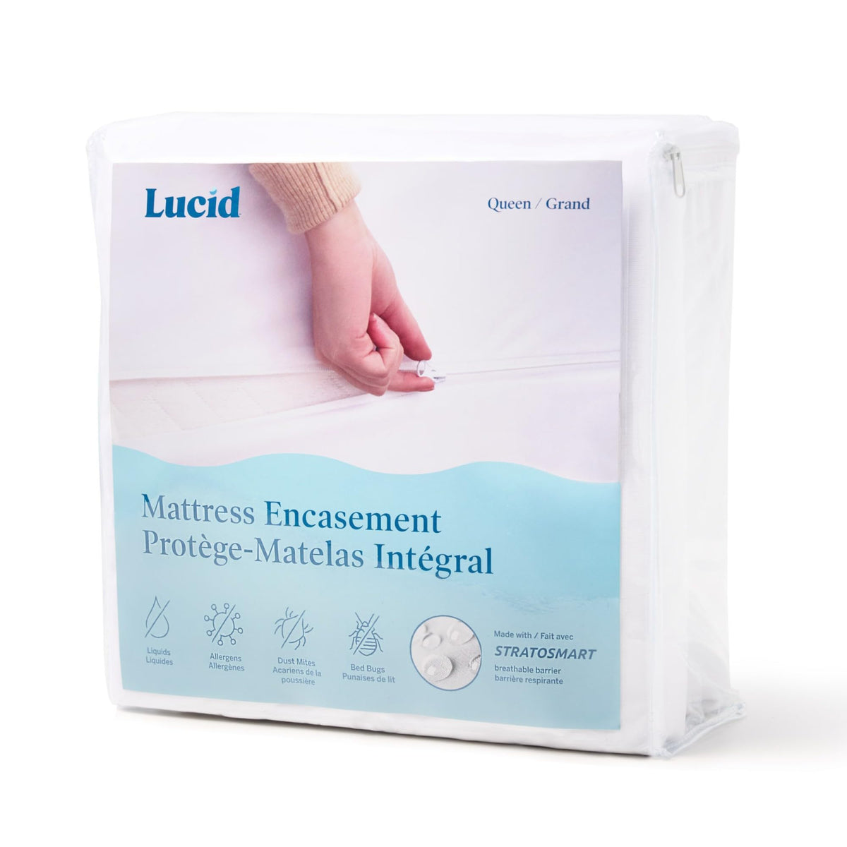 Lucid front view encasement queen showing full coverage and neat fit