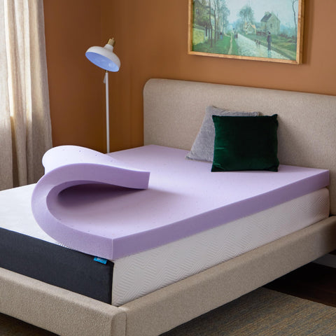 Lucid front packaging of the lavender memory foam topper showing product benefits