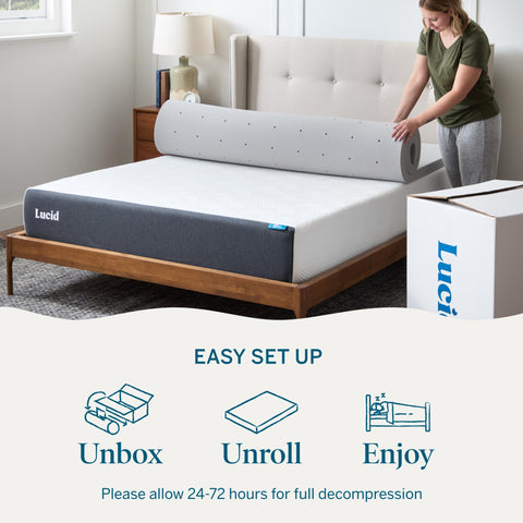 LUCID topper on styled bedroom bed showing immediate comfort upgrade benefit