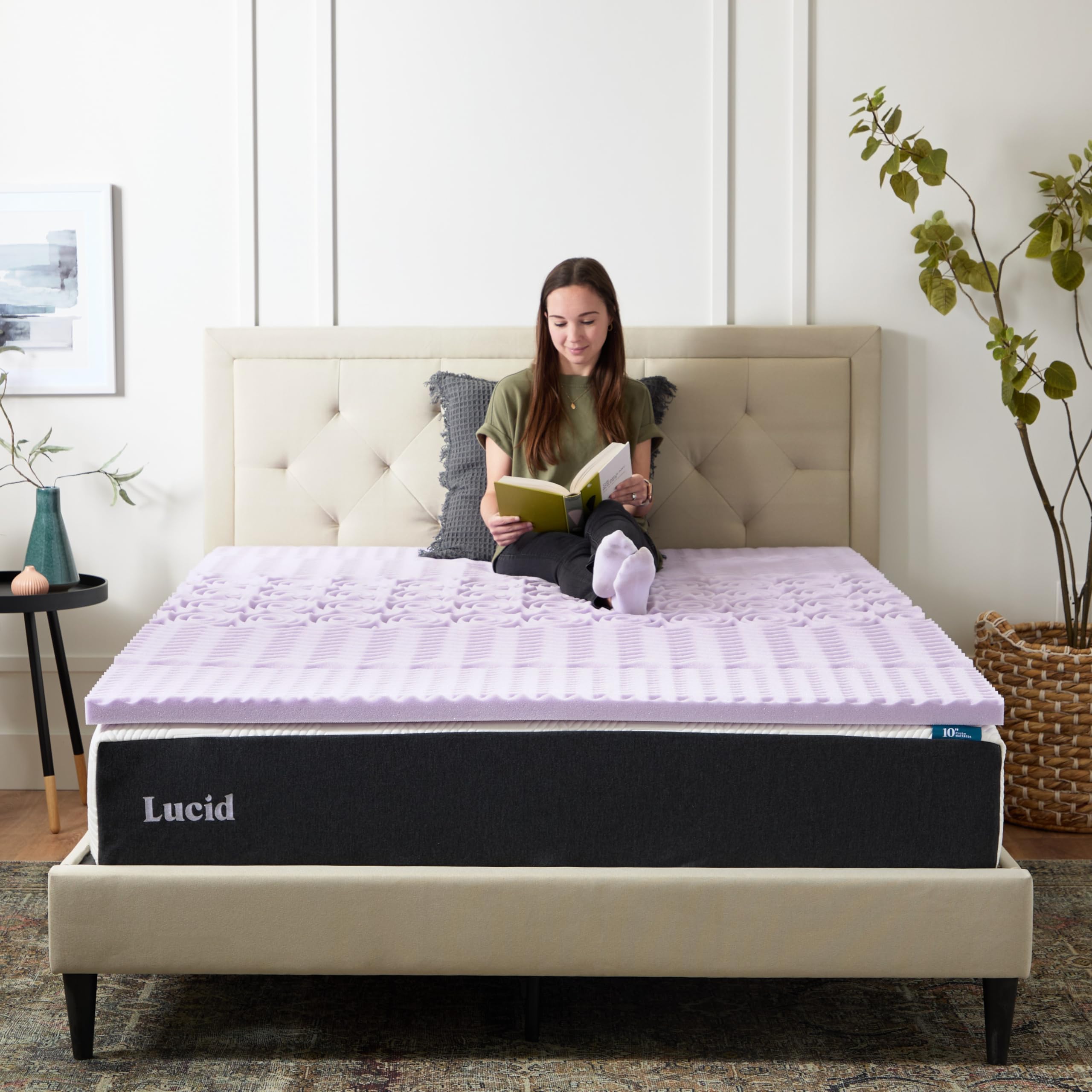 LUCID expanded topper on mattress showing plush feel and quick setup