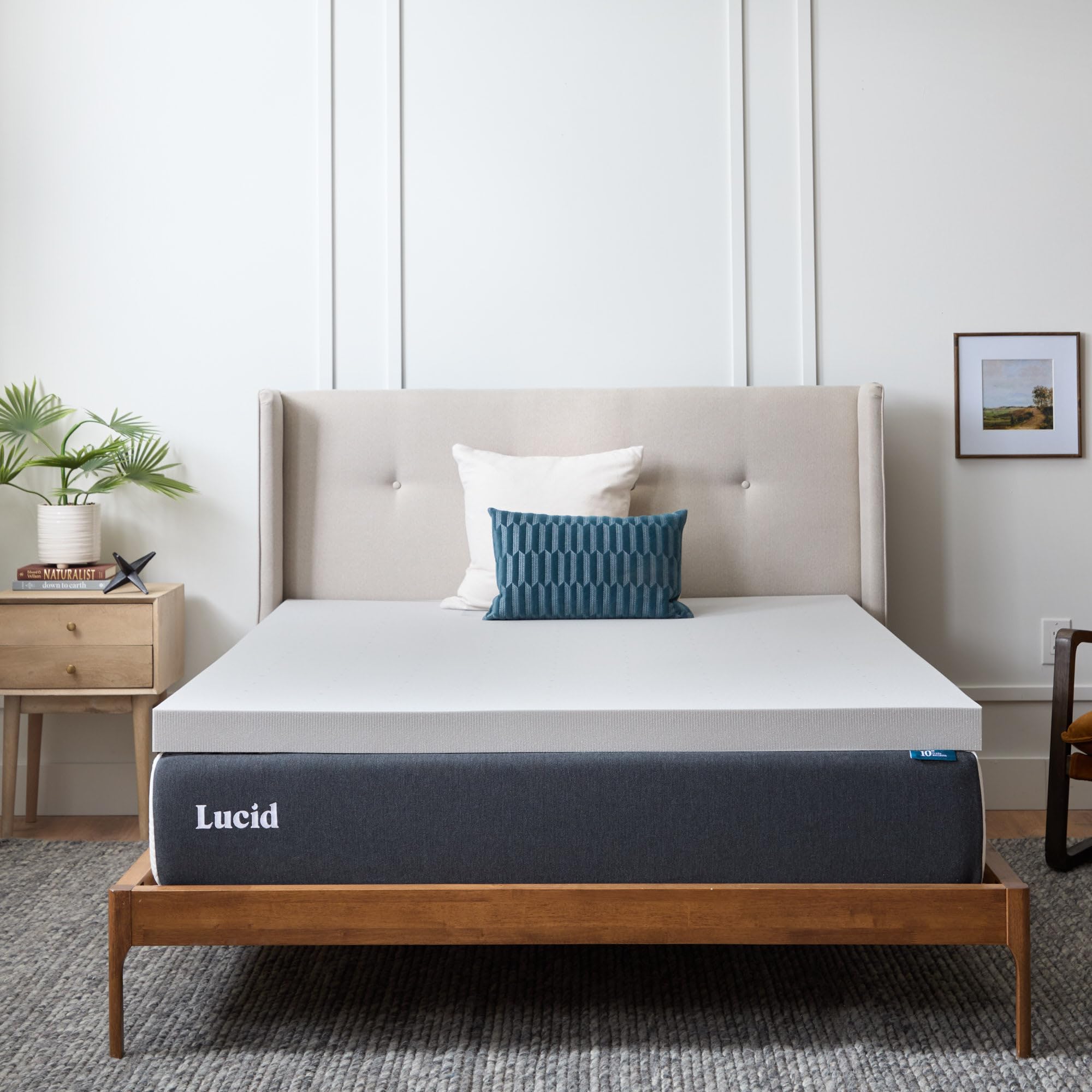 Lucid front view of mattress topper showing plush surface and clean edge for added comfort