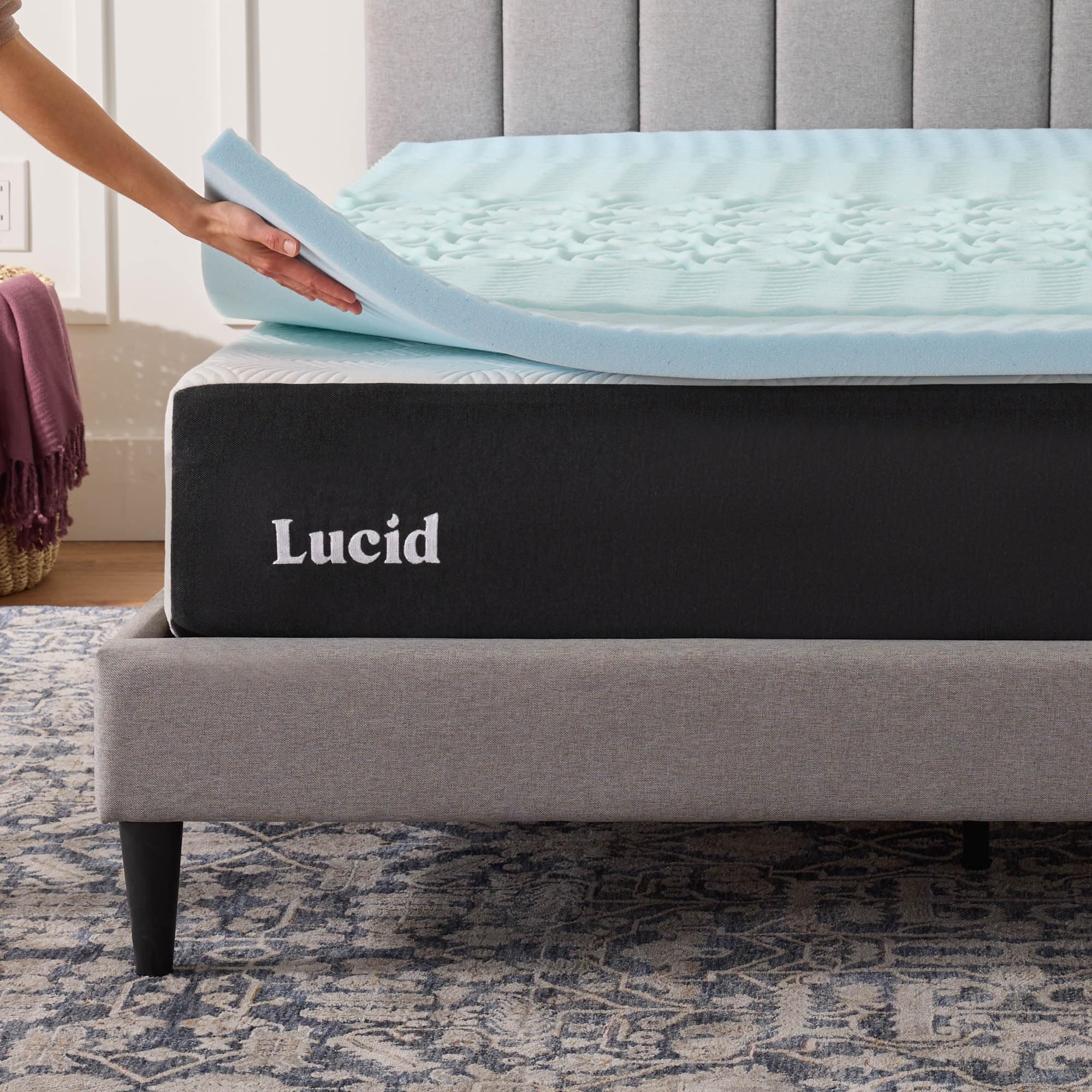 LUCID topper on mattress in bedroom scene demonstrating upgraded sleep surface