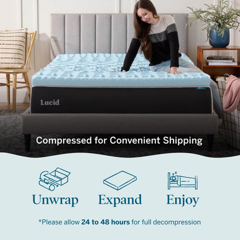 LUCID topper compressed in box ready for easy delivery and quick setup benefit