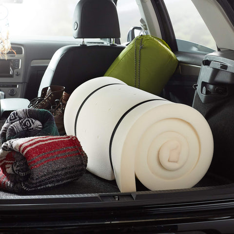 LUCID rolled topper ready for storage demonstrating travel-friendly convenience