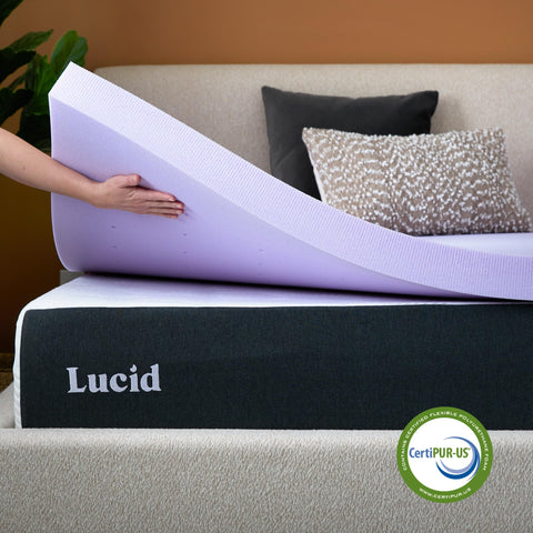 Lucid topper next to ruler to show the three inch thickness