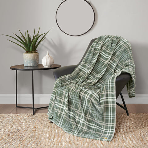 Lucky Brand folded throw showing olive plaid and neat edges for stylish storage