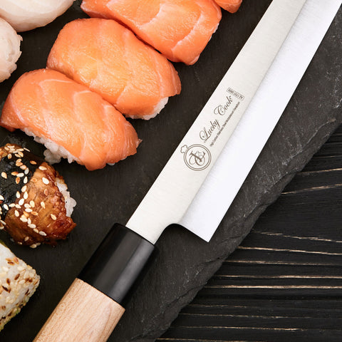 Lucky Cook knife next to ruler showing 10-inch scale for size context