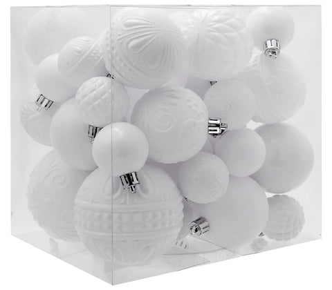 LUCKYCHRIS front packaging showing 36-piece white ornament set and organized styles