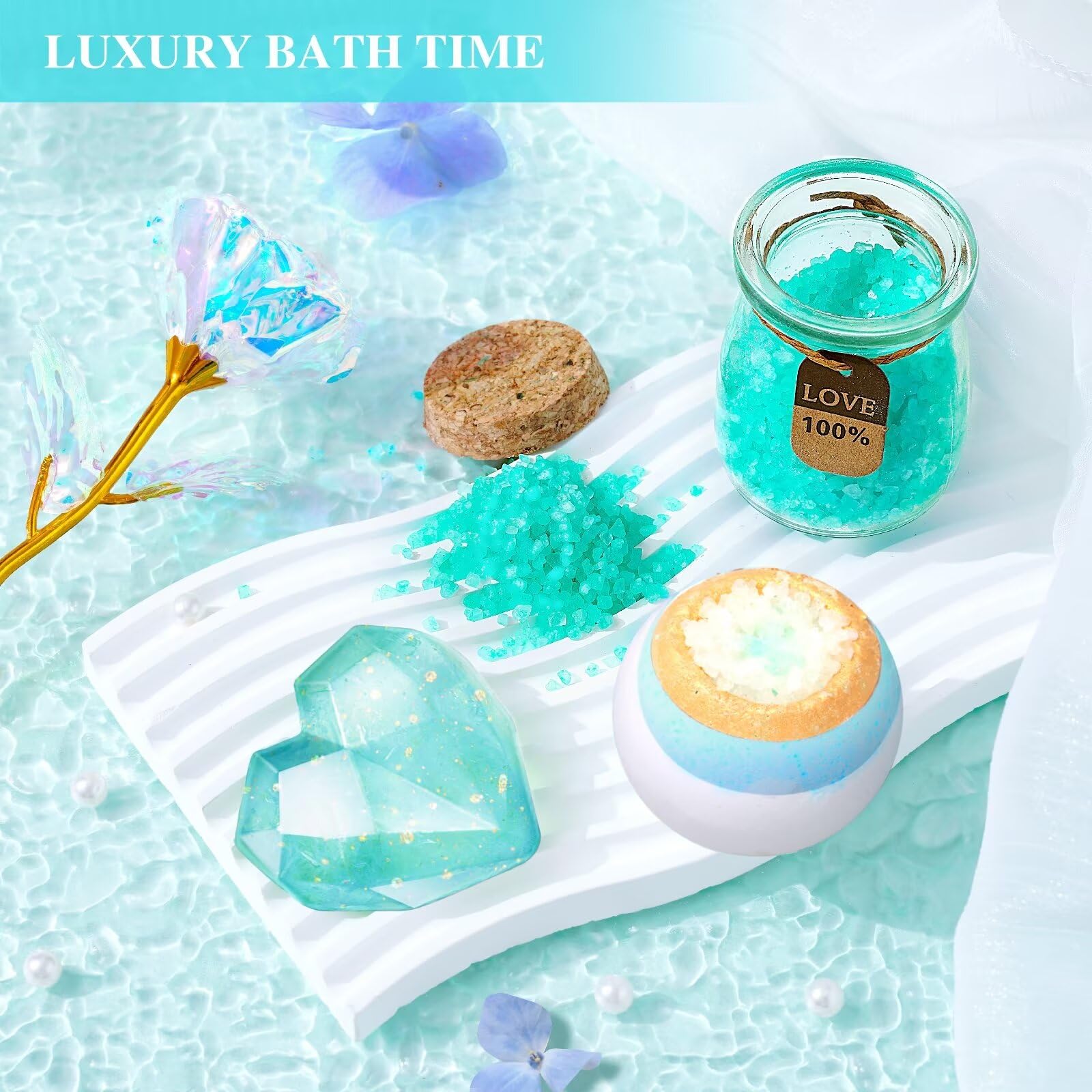 LUCOTIYA ocean-scented bath bomb and bath salts arranged for relaxing soak