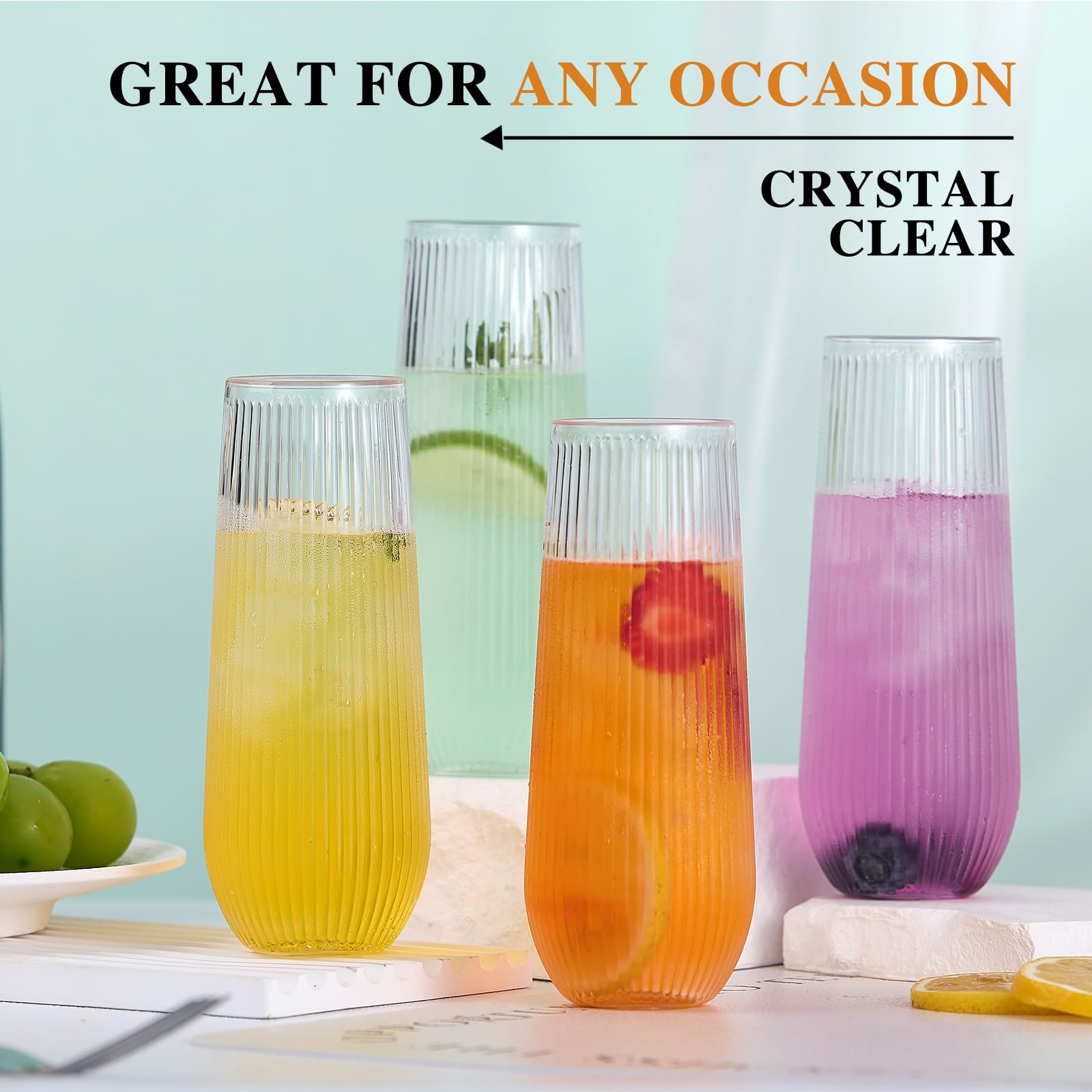Lueumxc pour of bubbly in a 9 oz flute highlighting festive presentation