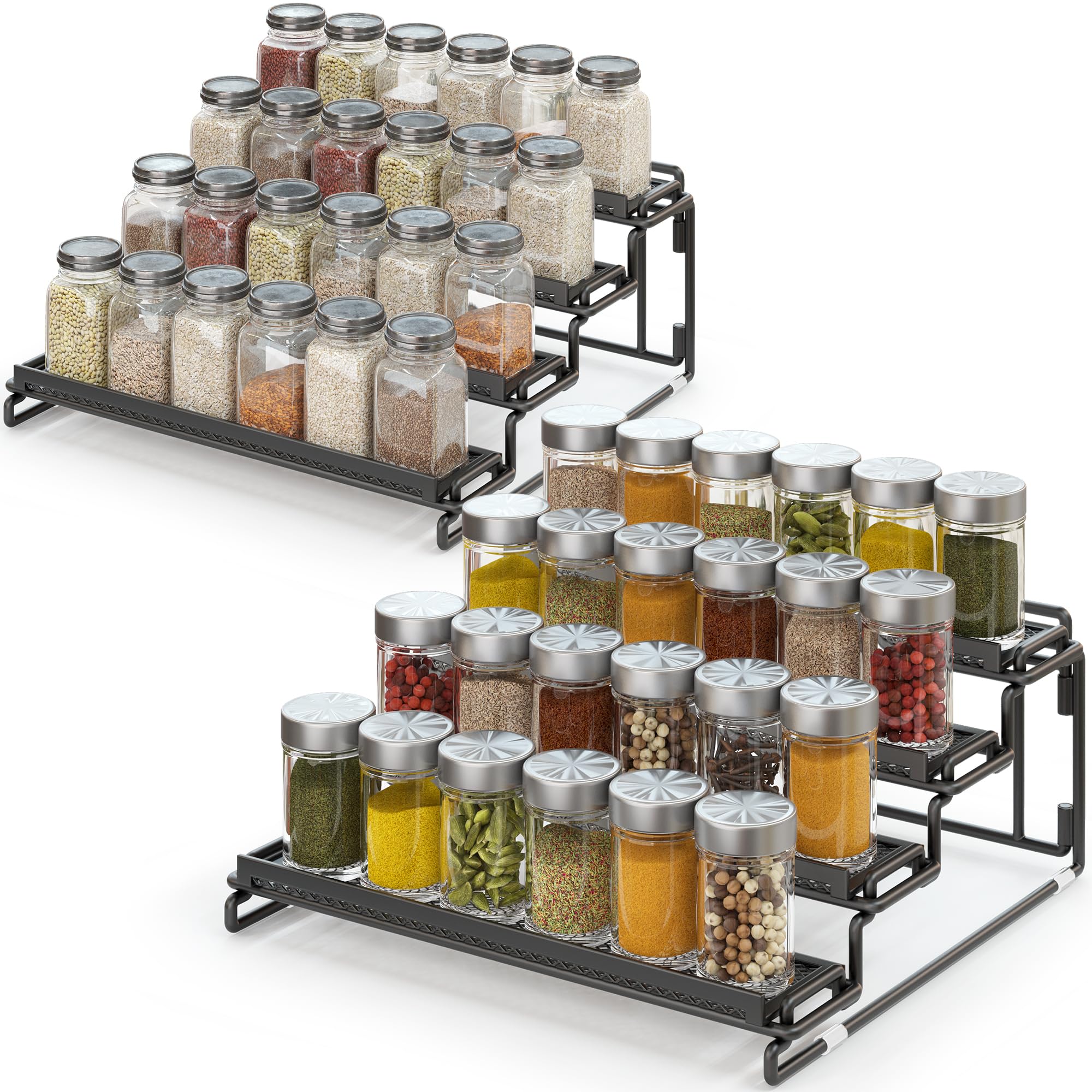LUHENPING front view of black 4-tier spice rack showing organized bottles and space saving