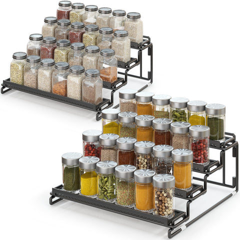 LUHENPING front view of black 4-tier spice rack showing organized bottles and space saving