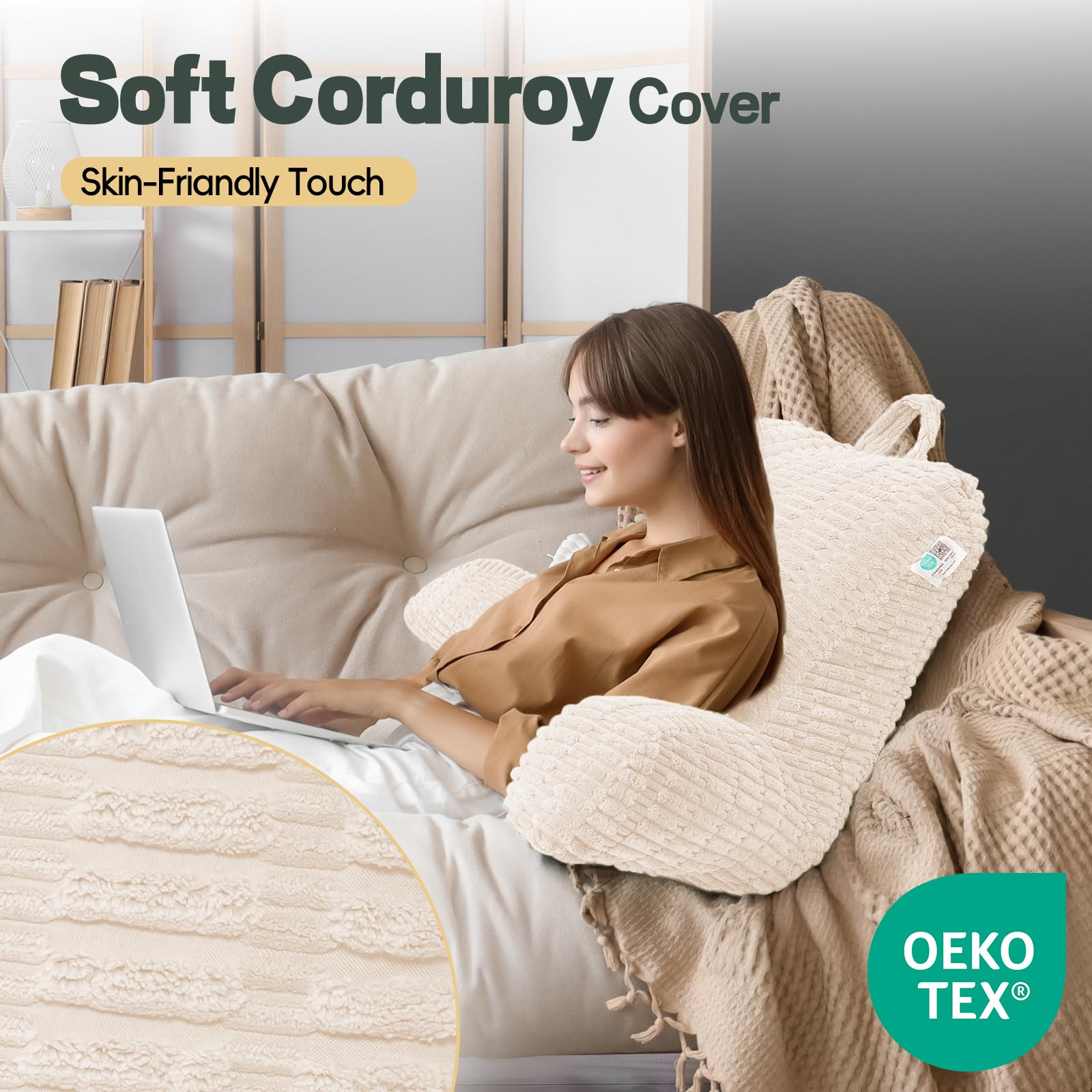 LUISOF in use on bed for reading illustrating comfortable upright support