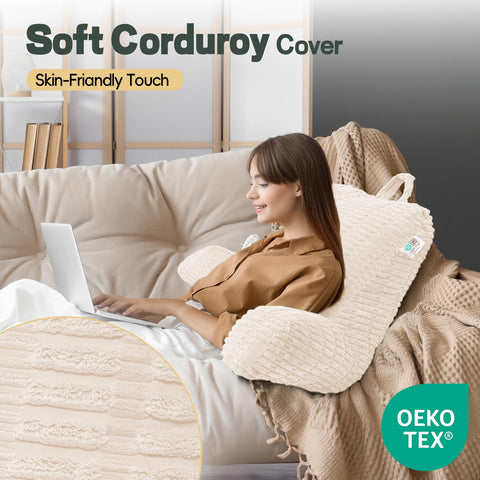 LUISOF in use on bed for reading illustrating comfortable upright support