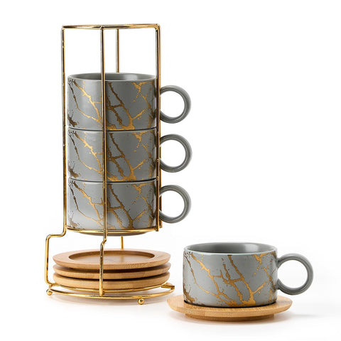 LUKA front view of four gray porcelain cups with stand showing organized storage benefit