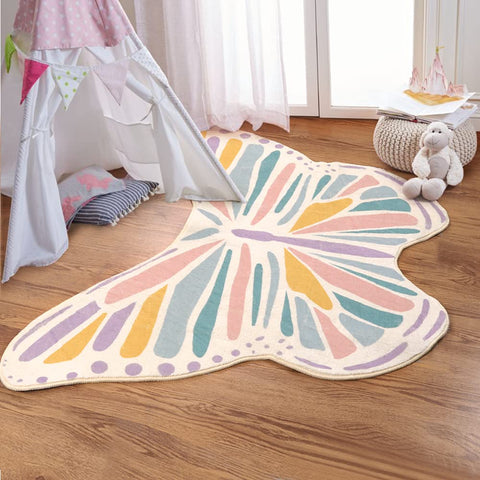 Lukinbox butterfly rug front view showing colorful design and soft feel