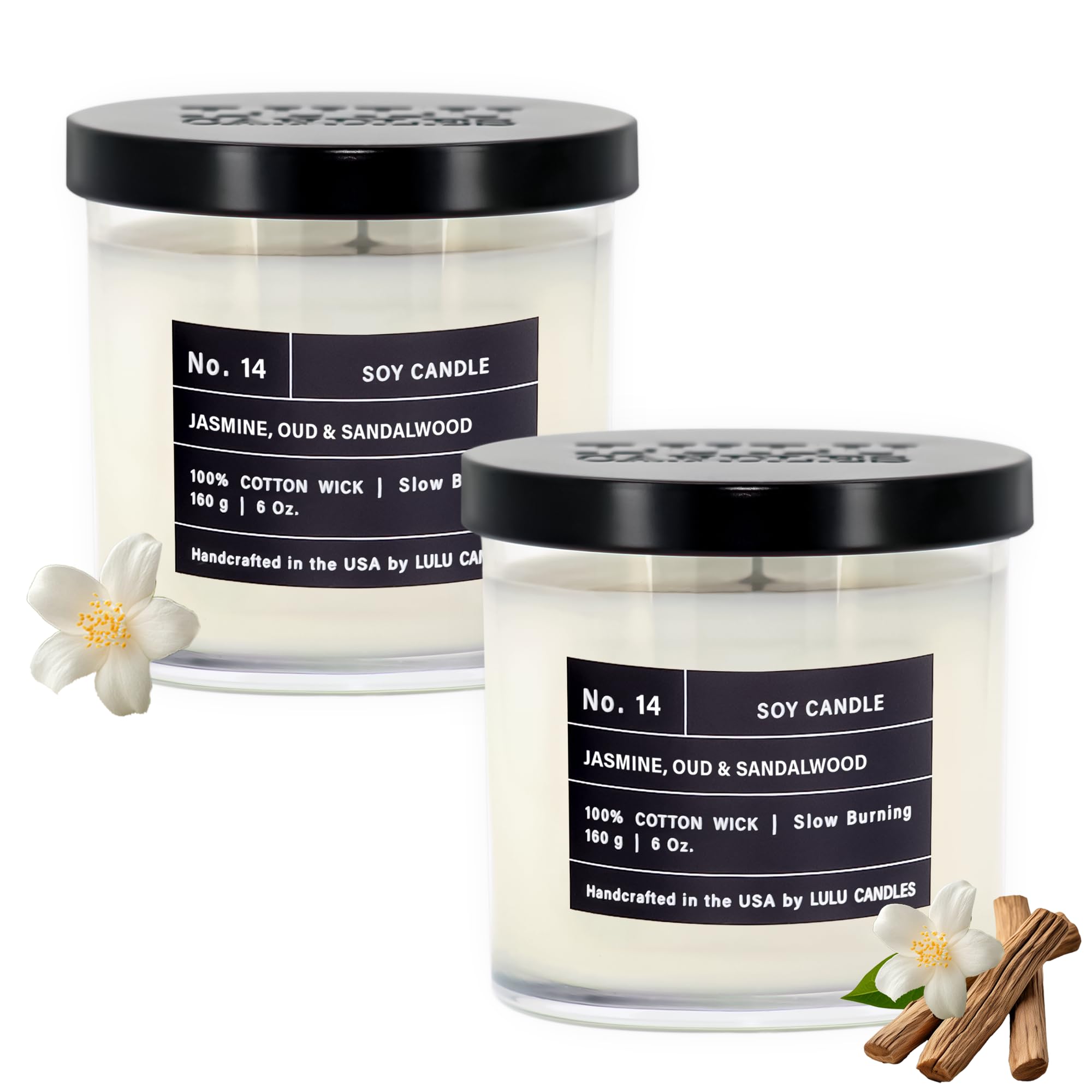 Lulu Candles jar label detail with logo and scent notes for clear product ID