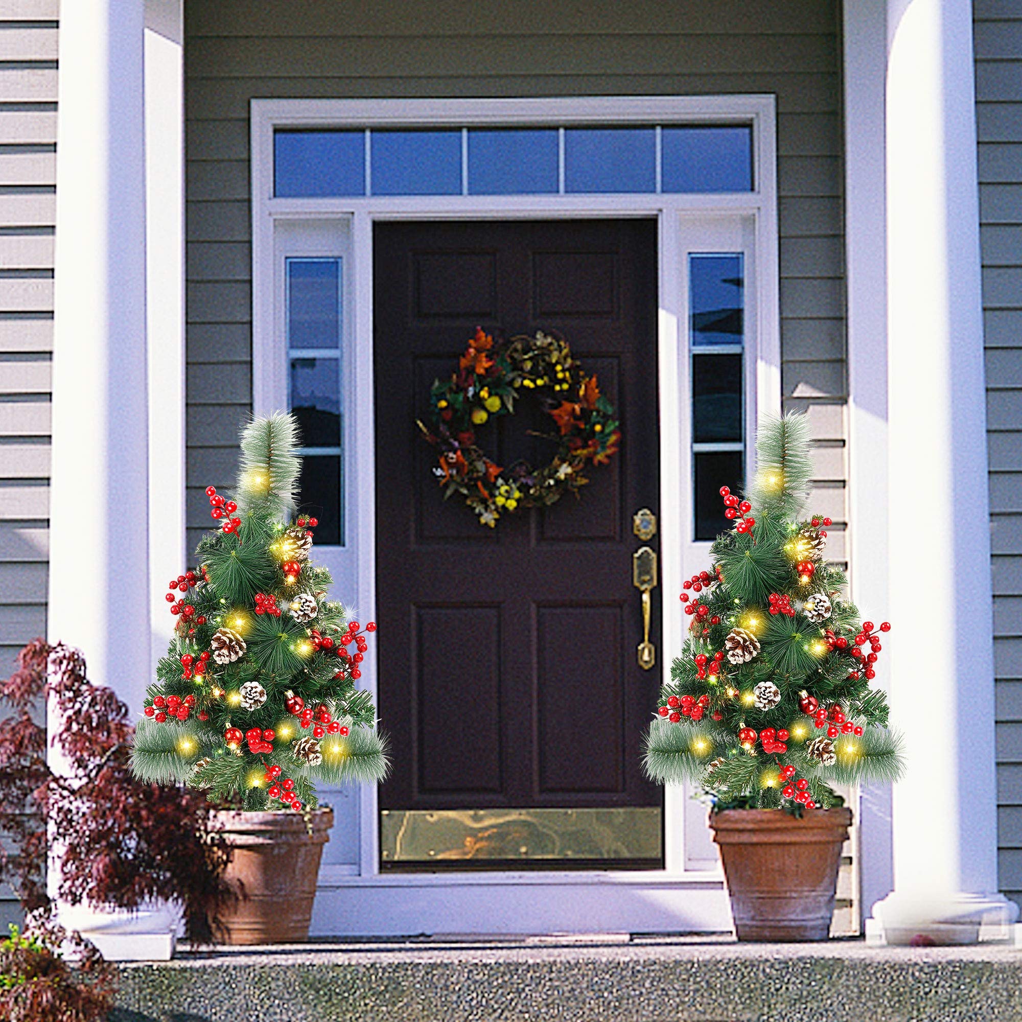 Lulu Home trees in a porch planter adding seasonal color and instant decoration