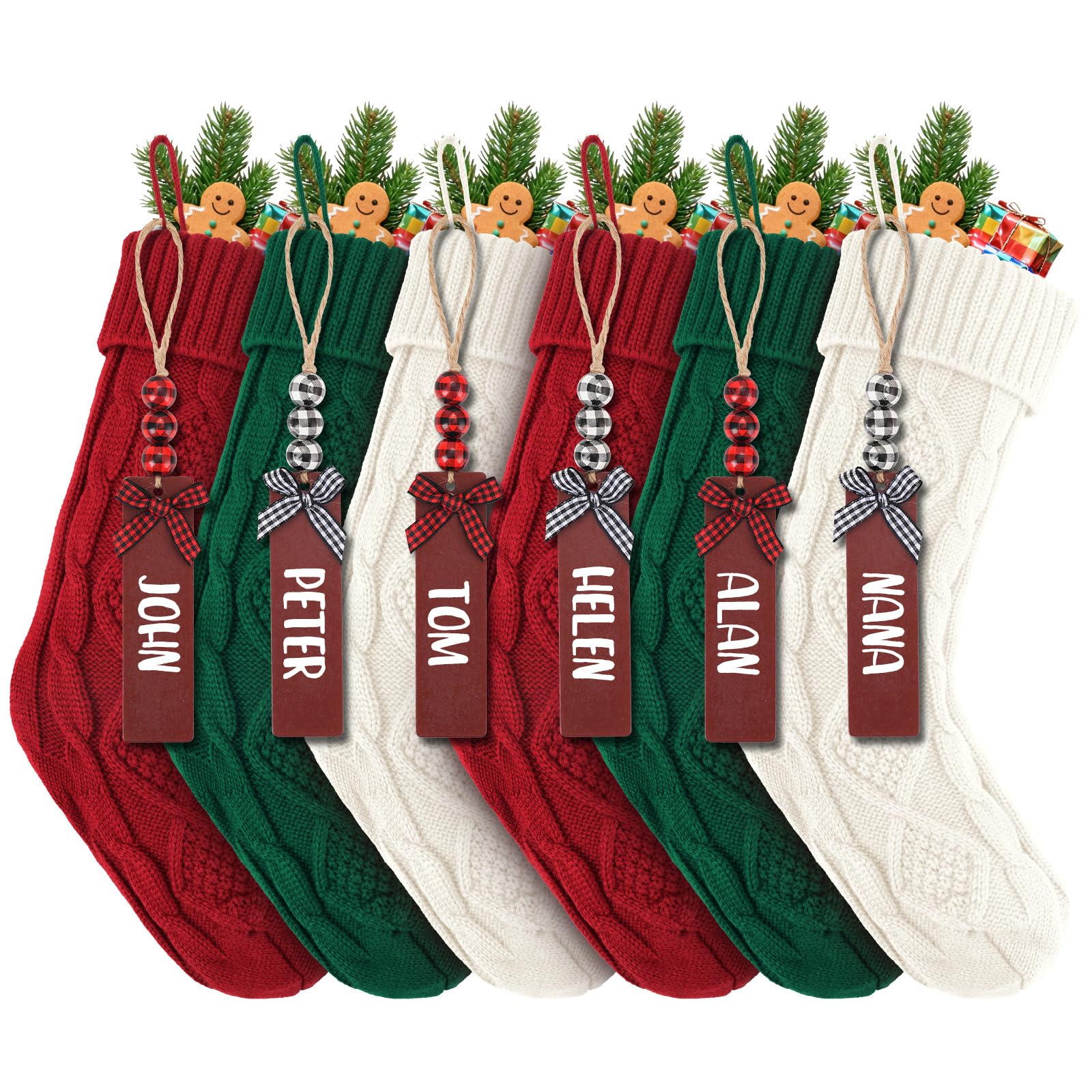 LumaBria front view of six red white green stockings showing coordinated decor benefit