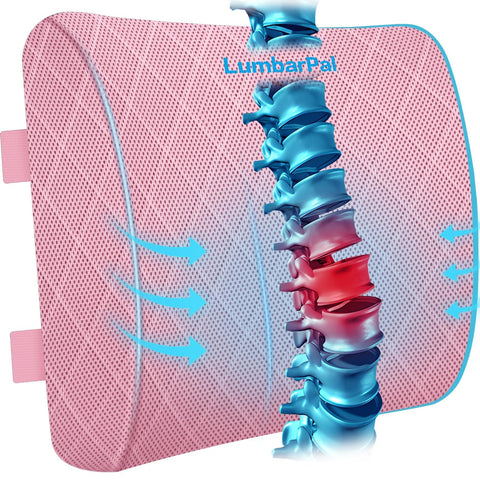 LumbarPal front view of pink lumbar pillow showing shape and comfort benefit