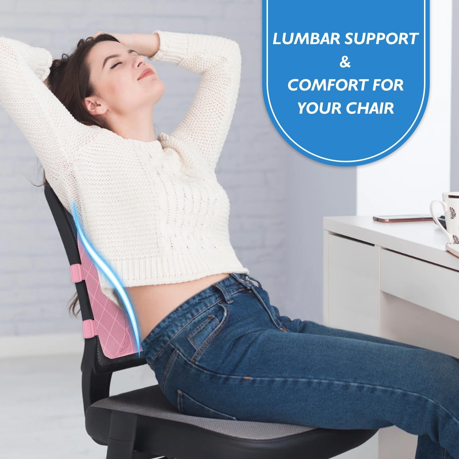 LumbarPal size comparison next to laptop showing portable, travel-ready support